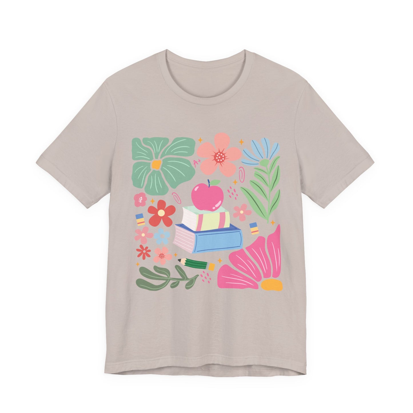 Floral Books & Apple Tee — Cute Spring Reading T-Shirt