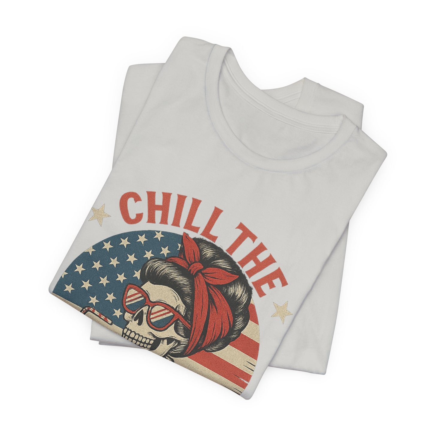 Chill the Fourth Out Tee – Retro Skull with American Flag & Drink | 4th of July Patriotic Shirt