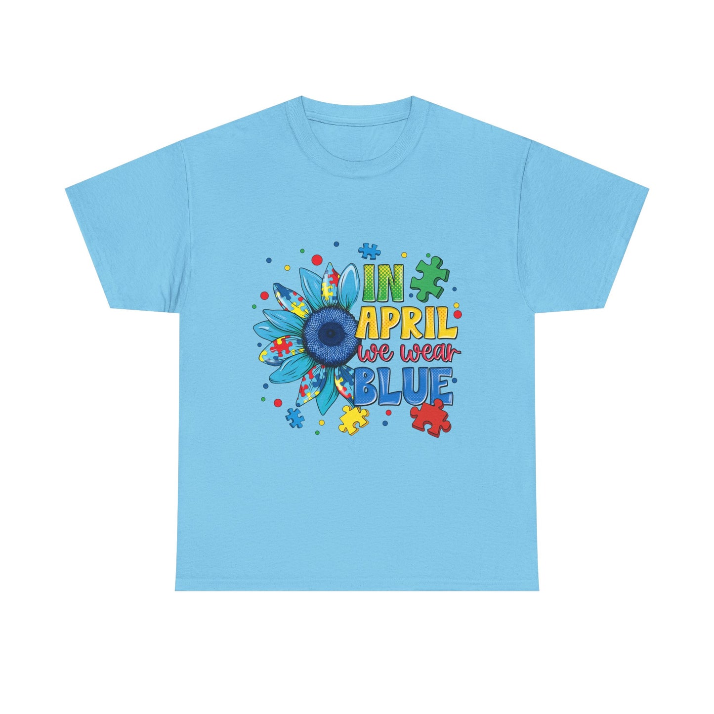 April We Wear Blue T-Shirt – Autism Awareness Sunflower Design