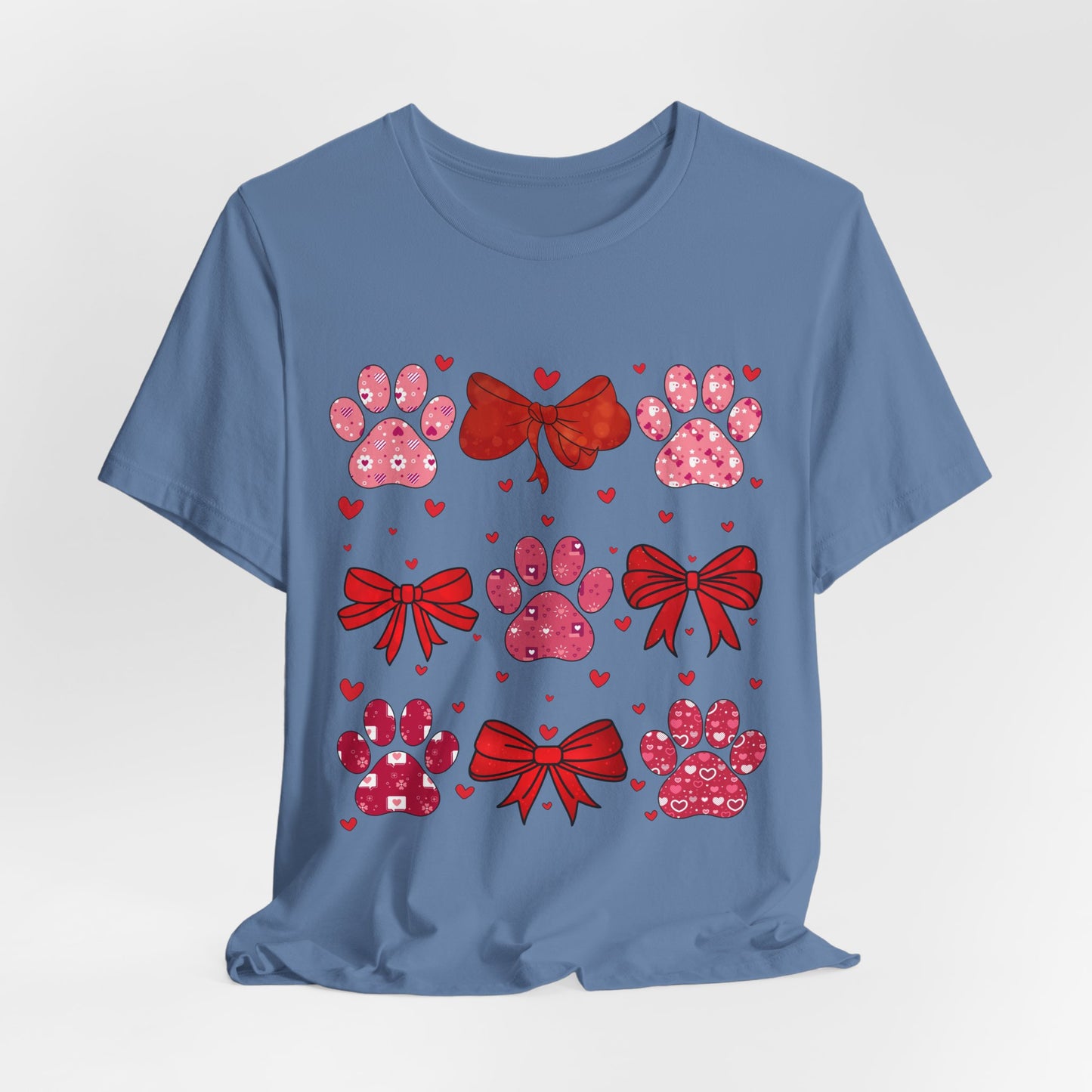 Valentine Paw Prints T‑Shirt — Cute Red Bows & Hearts Pet Lover Tee