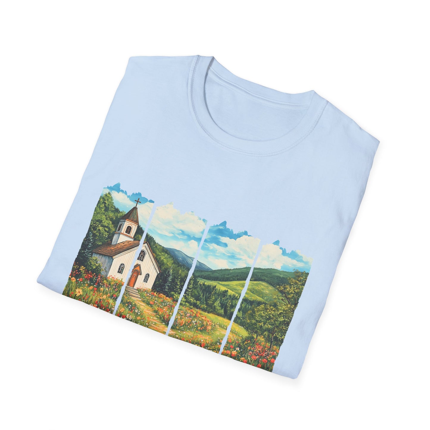 Scenic Chapel Landscape T-Shirt — Countryside Floral Mountain Art Tee