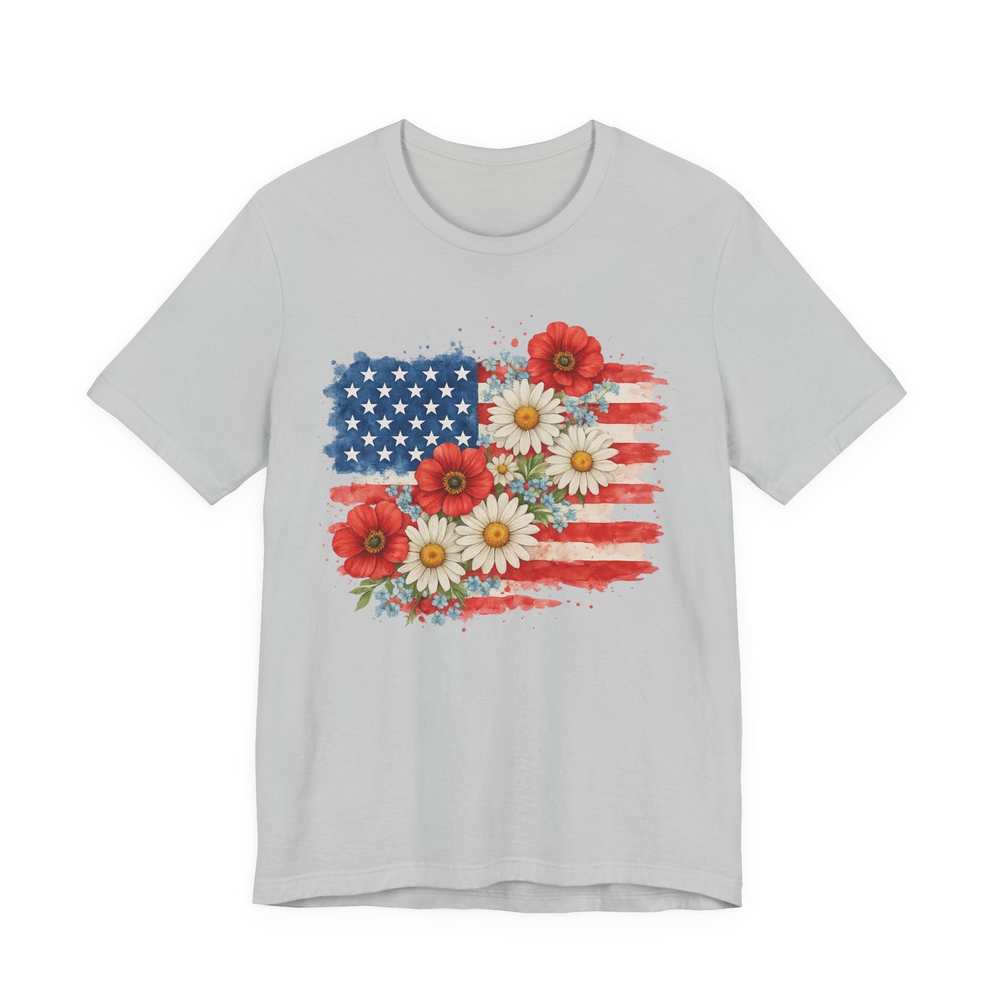 American Flag Floral T‑Shirt – Patriotic Daisy & Poppy USA Tee