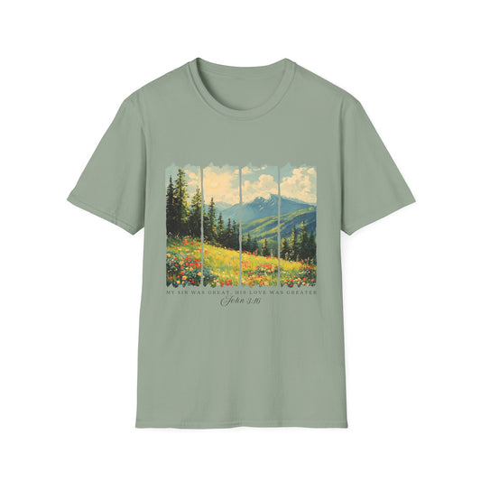 Mountain Meadow T-Shirt — Scenic Landscape Panel Tee