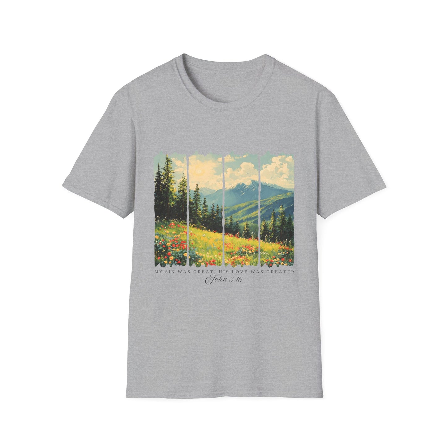 Mountain Meadow T-Shirt — Scenic Landscape Panel Tee