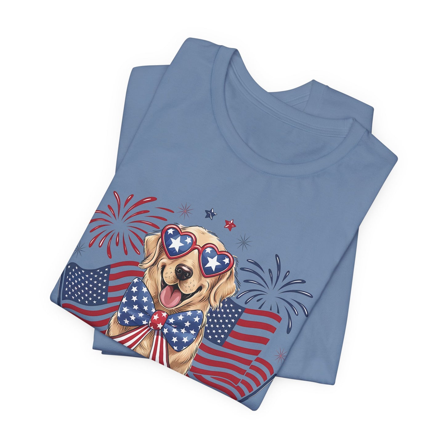 Patriotic Golden Retriever T‑Shirt — USA Flag Dog with Fireworks