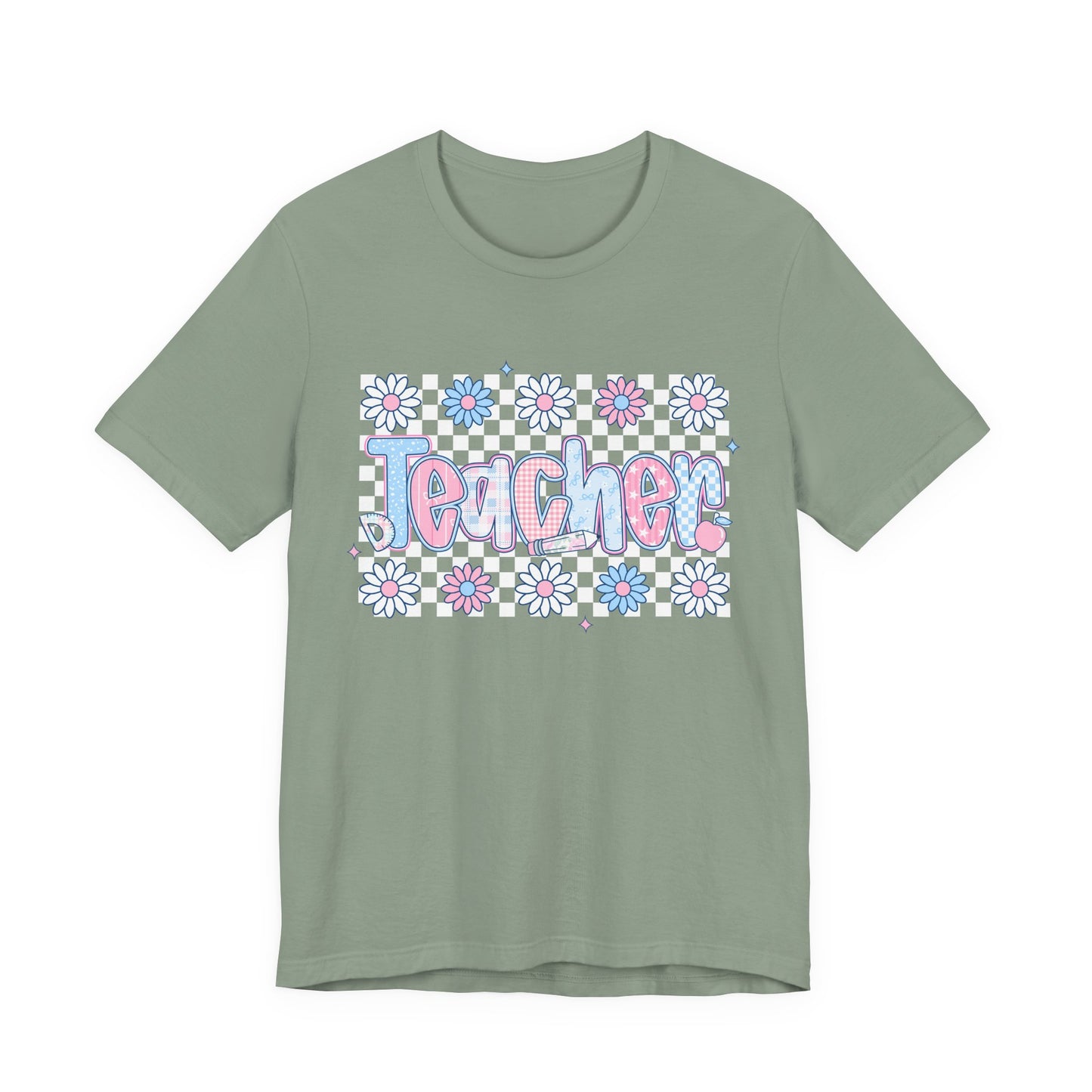 Teacher Daisy Graphic Tee – Cute Pink & Blue Floral Classroom Shirt
