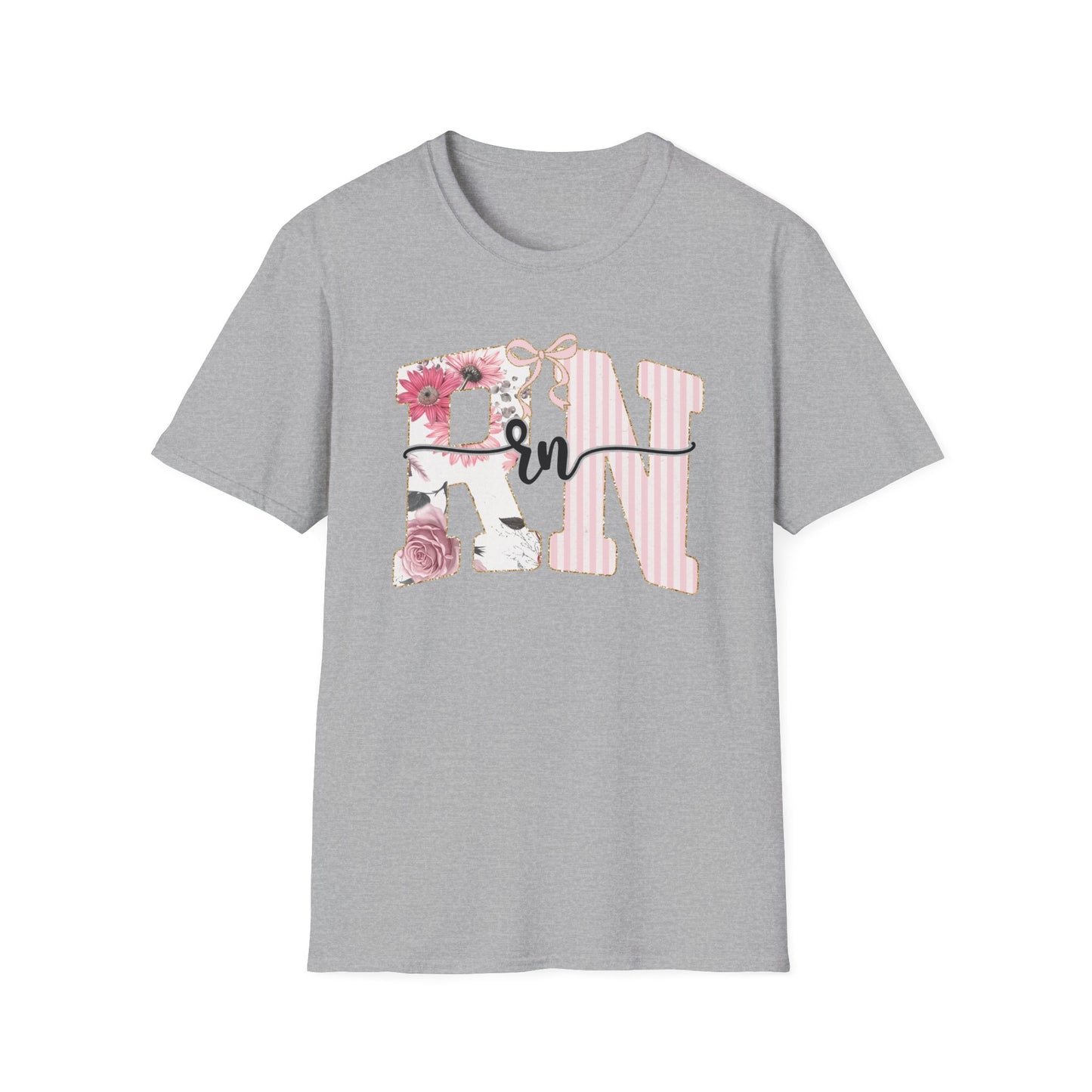 T-Shirt — RN Floral Script Design (Pink Stripes & Roses)