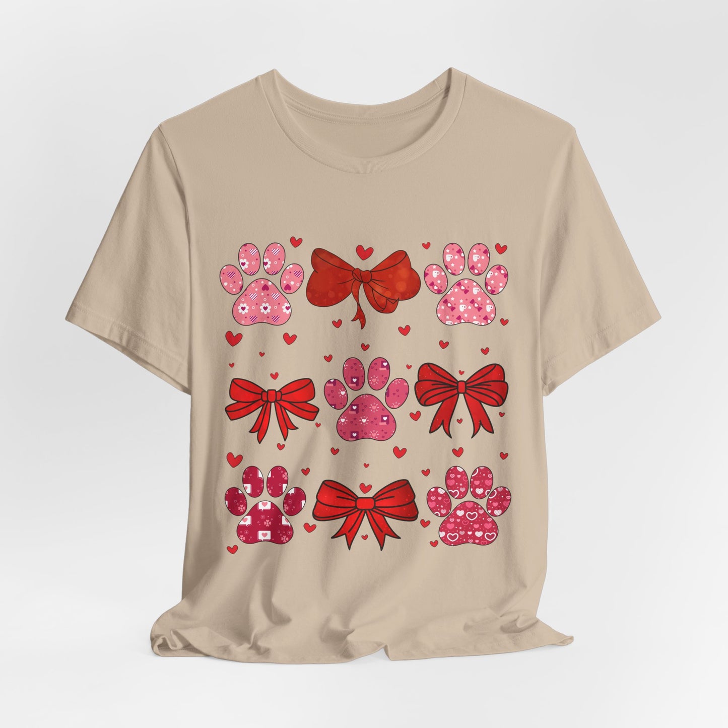 Valentine Paw Prints T‑Shirt — Cute Red Bows & Hearts Pet Lover Tee