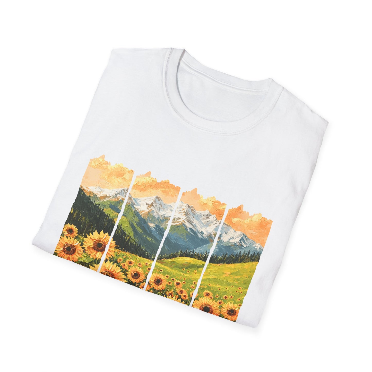Sunflower Mountain Poster T-Shirt — Scenic Field & Peaks Graphic Tee