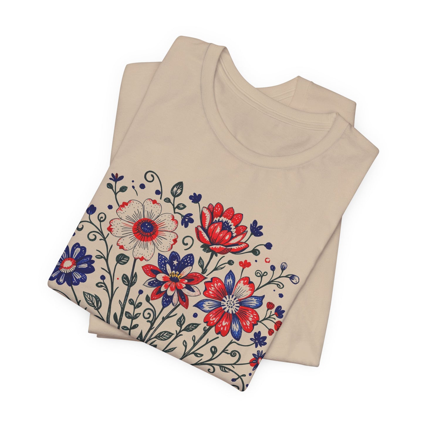 Patriotic Floral Tee — "America, Land of the Free"