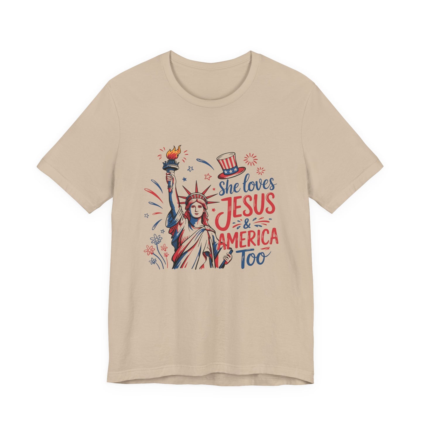 She Loves Jesus & America Too T-Shirt – Patriotic Statue of Liberty Christian Tee