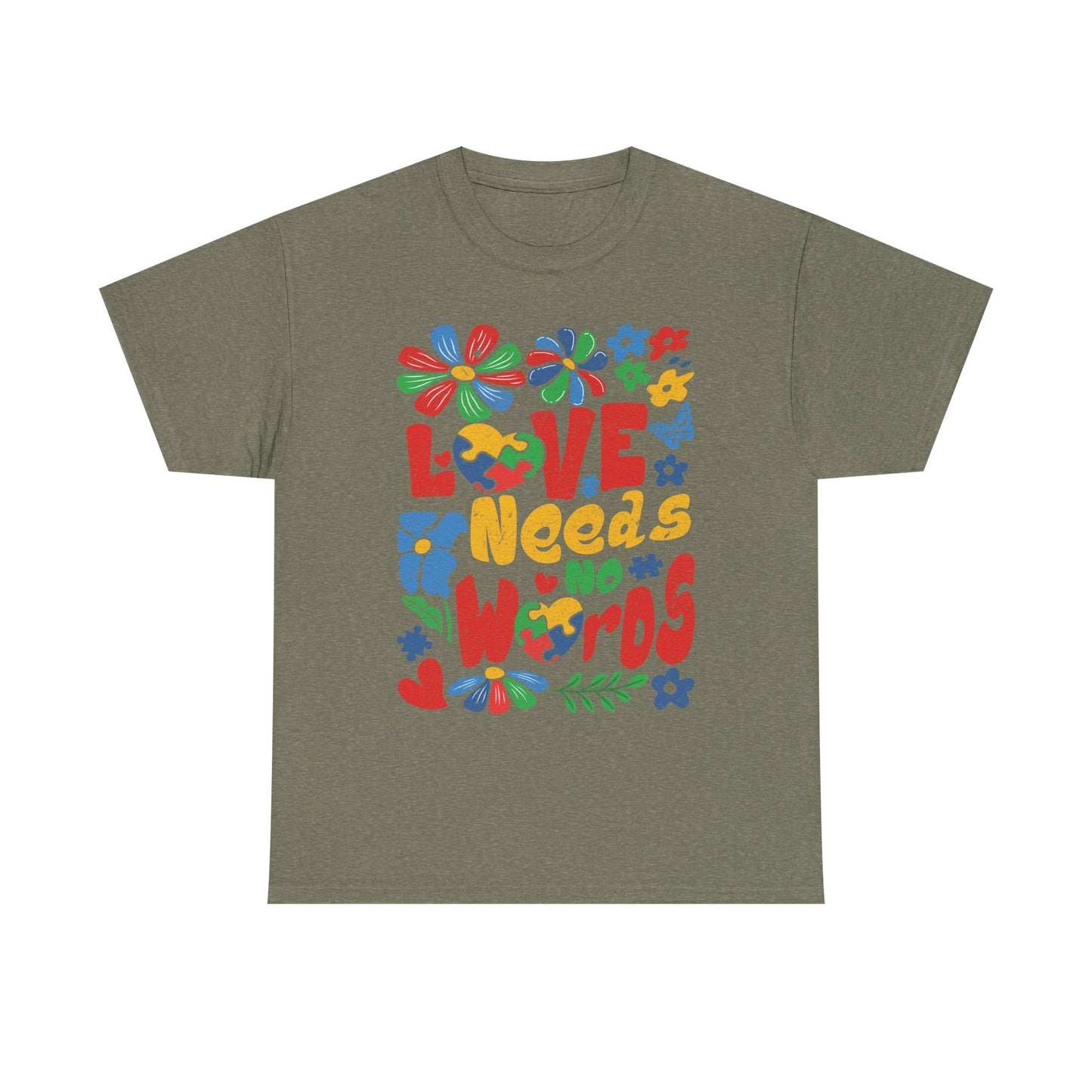 T-Shirt — "Love Needs No Words" Colorful Retro Floral Graphic Tee