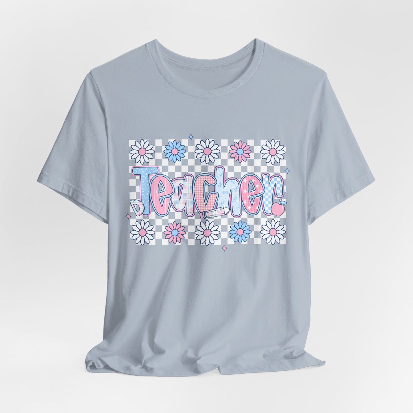 Teacher Daisy Graphic Tee – Cute Pink & Blue Floral Classroom Shirt