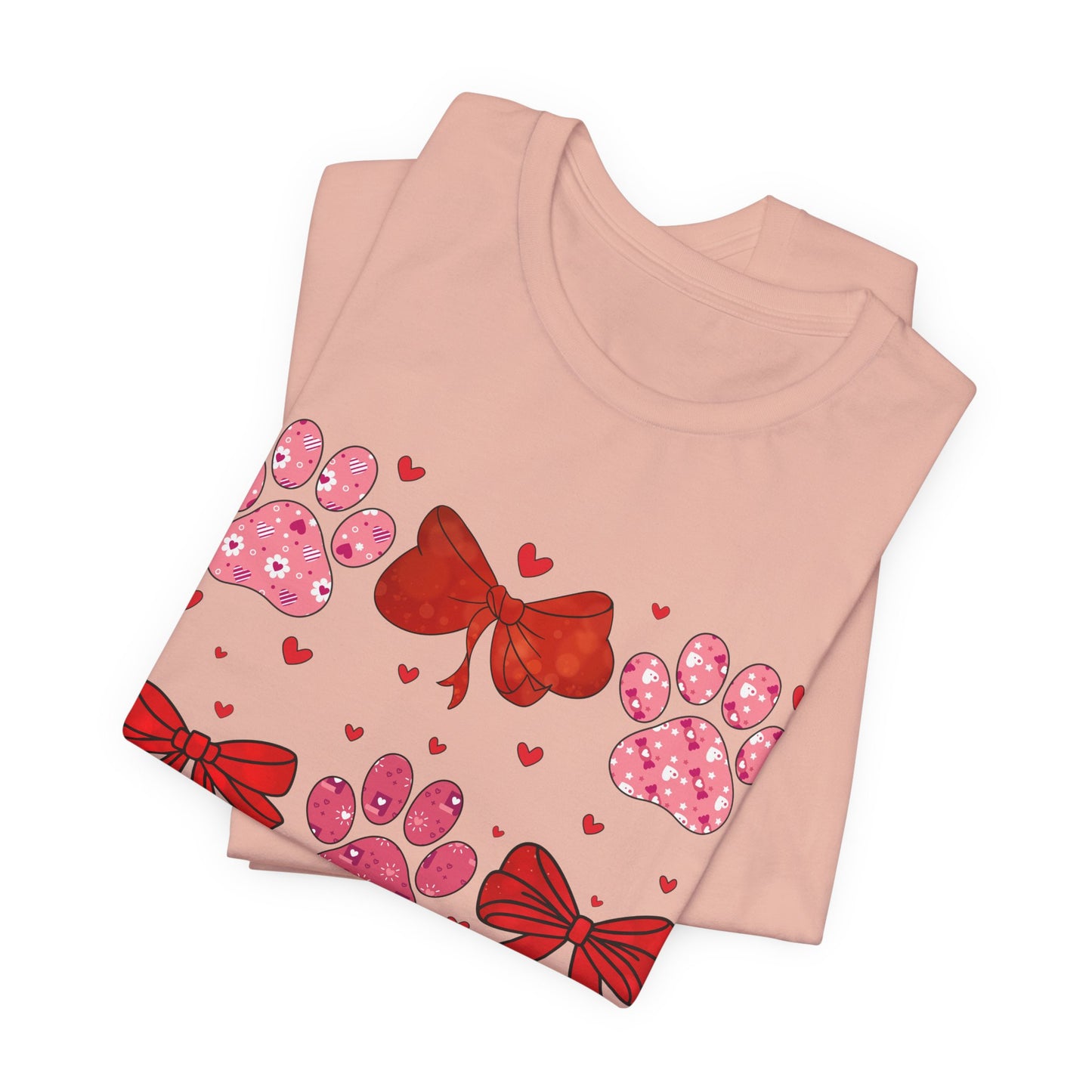 Valentine Paw Prints T‑Shirt — Cute Red Bows & Hearts Pet Lover Tee