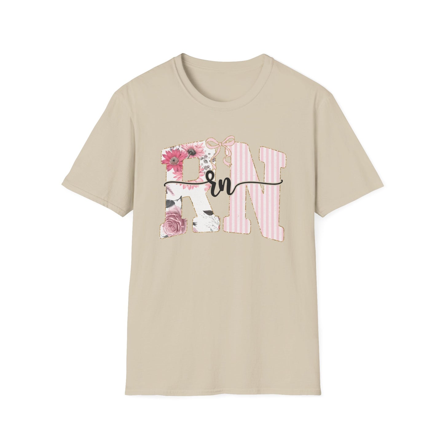 T-Shirt — RN Floral Script Design (Pink Stripes & Roses)