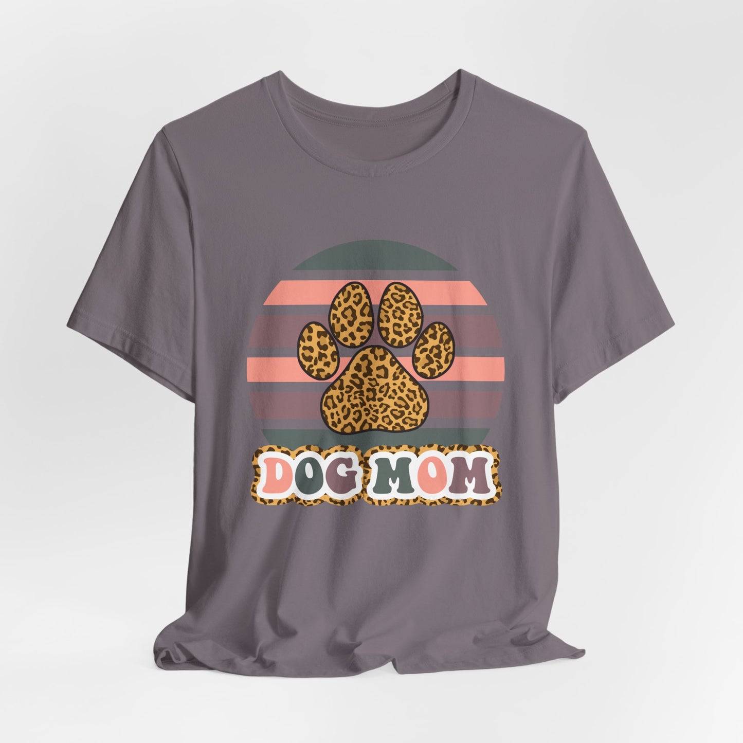 Dog Mom Leopard Paw Tee — Retro Striped Pet Lover T‑Shirt
