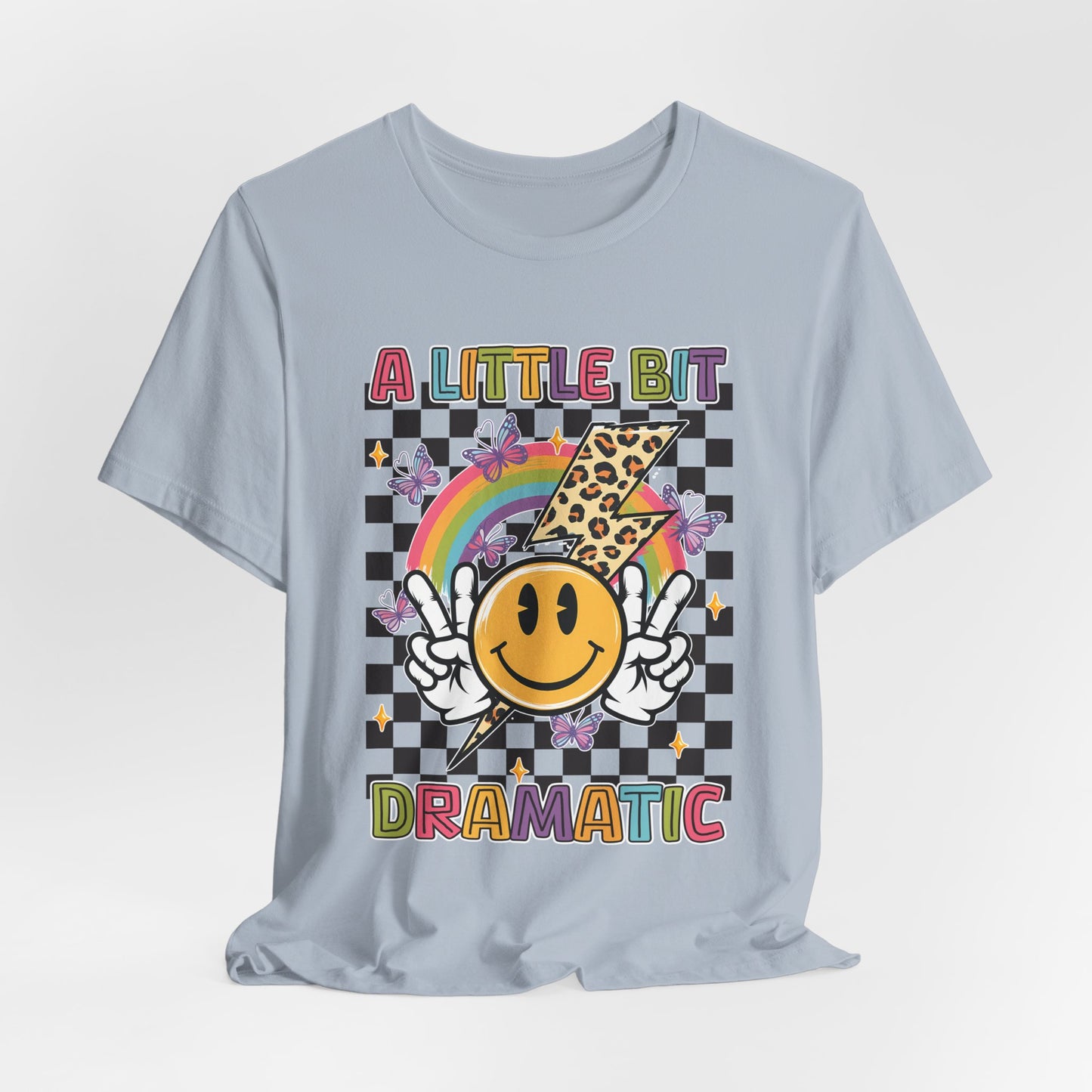A Little Bit Dramatic Graphic Tee — Smiley Rainbow Checkerboard T-Shirt
