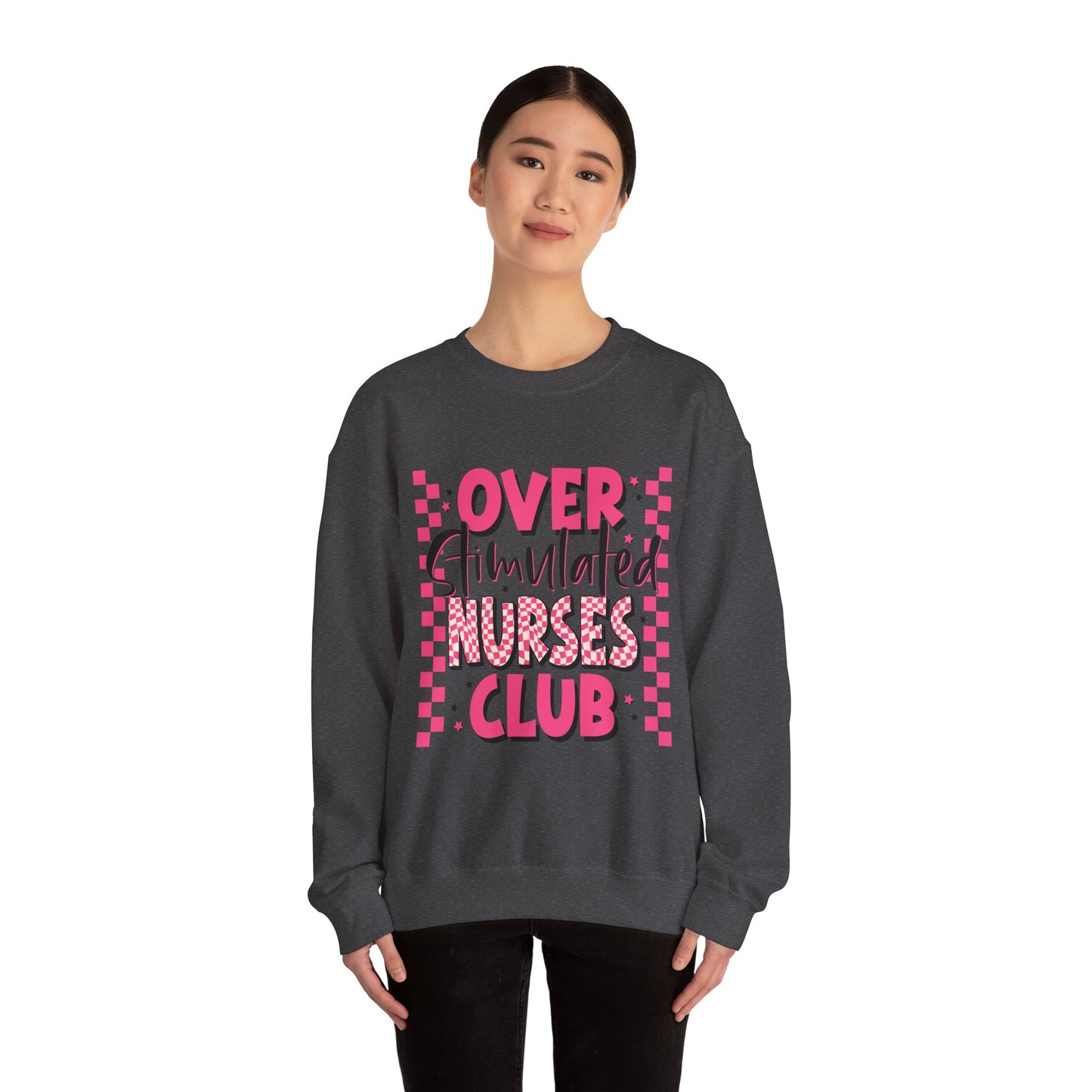 Crewneck Sweatshirt — "Overstimulated Nurses Club" Pink Checker Graphic