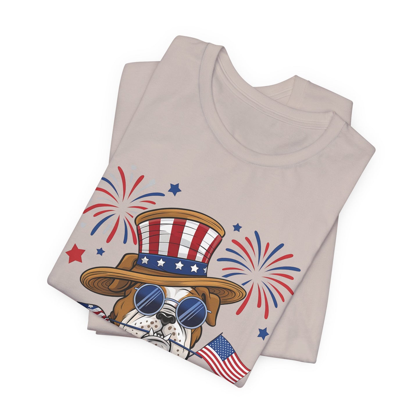 Patriotic Bulldog T-Shirt — American Flag Pup with Uncle Sam Hat & Fireworks (4th of July Tee)