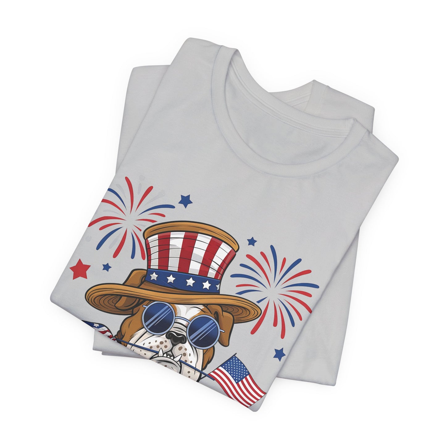 Patriotic Bulldog T-Shirt — American Flag Pup with Uncle Sam Hat & Fireworks (4th of July Tee)