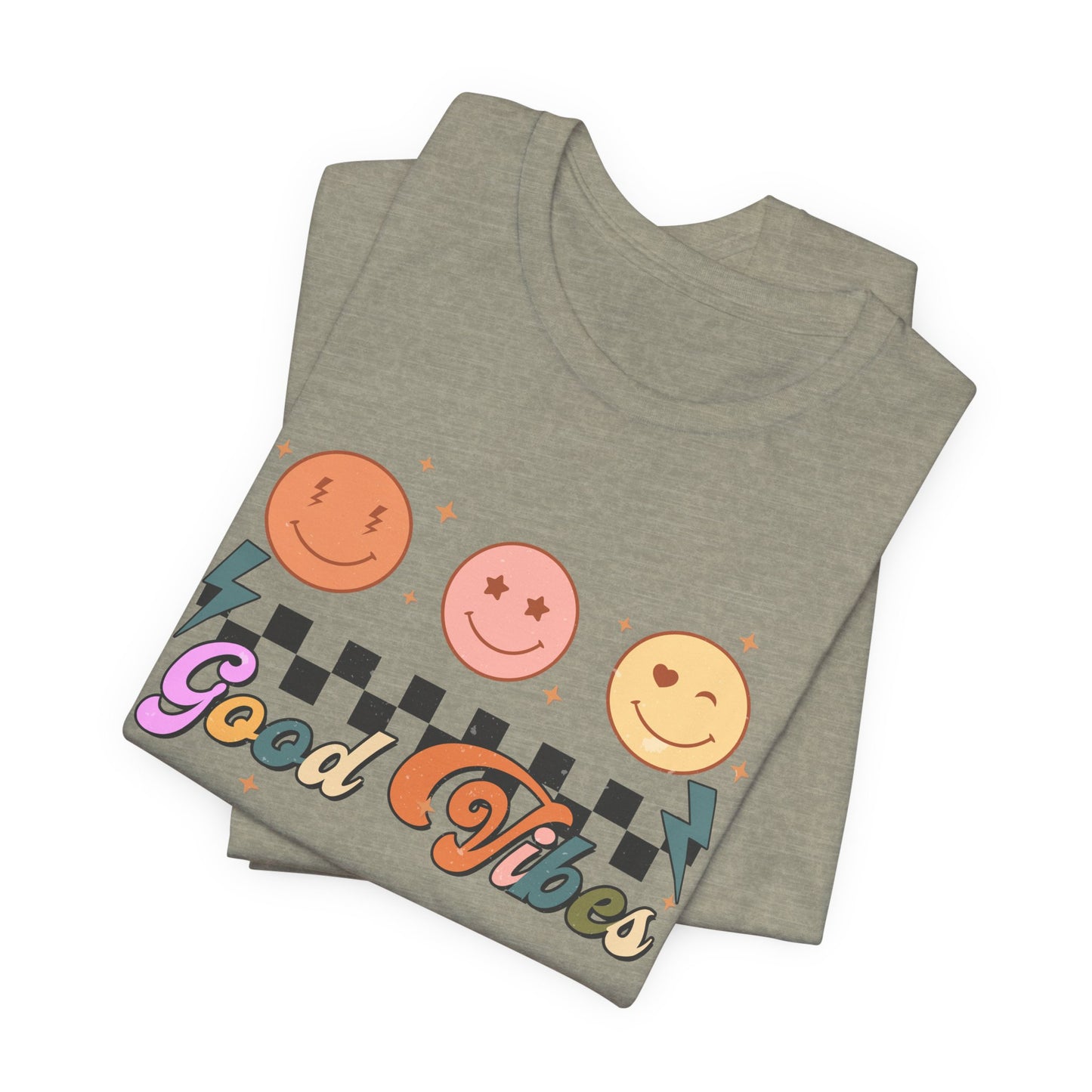 Good Vibes Smiley Tee — Retro Checkerboard Positive Graphic T-Shirt