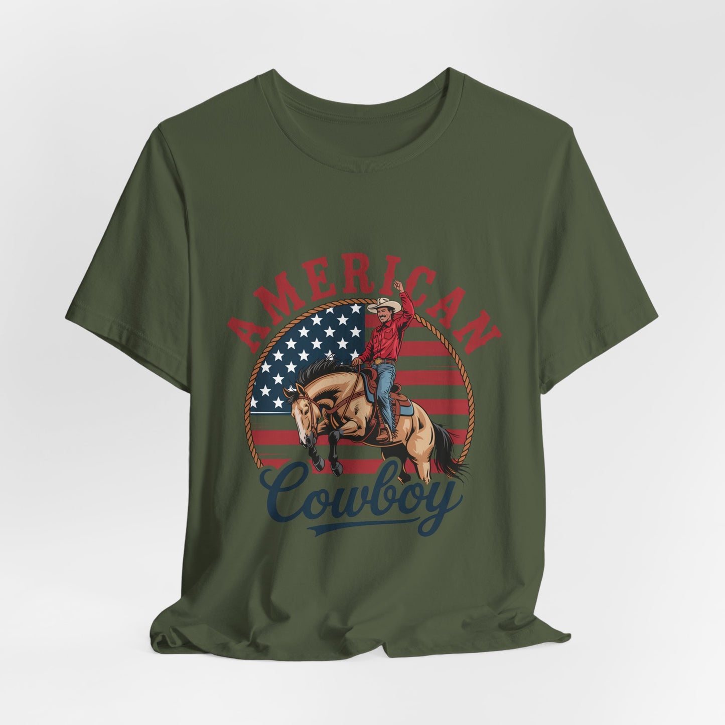 American Cowboy T-Shirt – patriotic rodeo tee with flag and rider