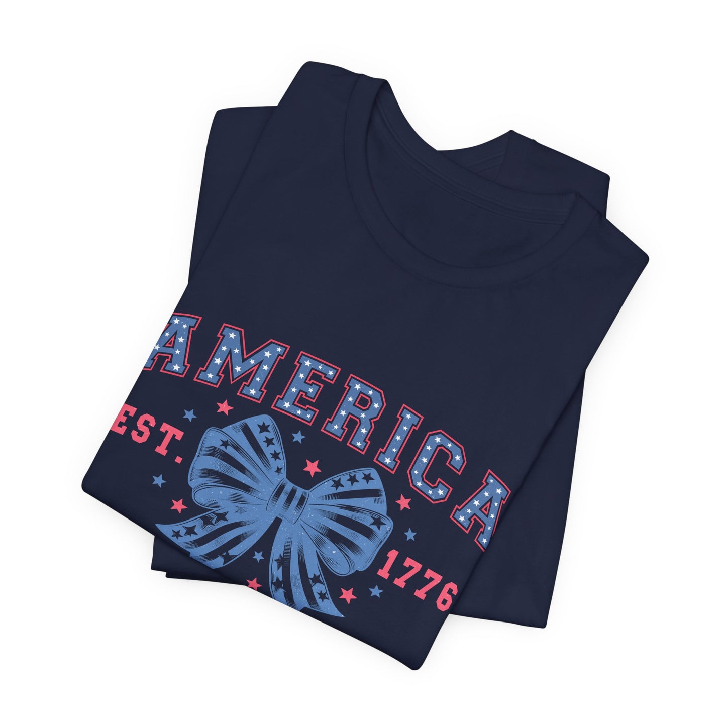 America Est. 1776 Patriotic T-Shirt – Stars & Stripes Bow Graphic