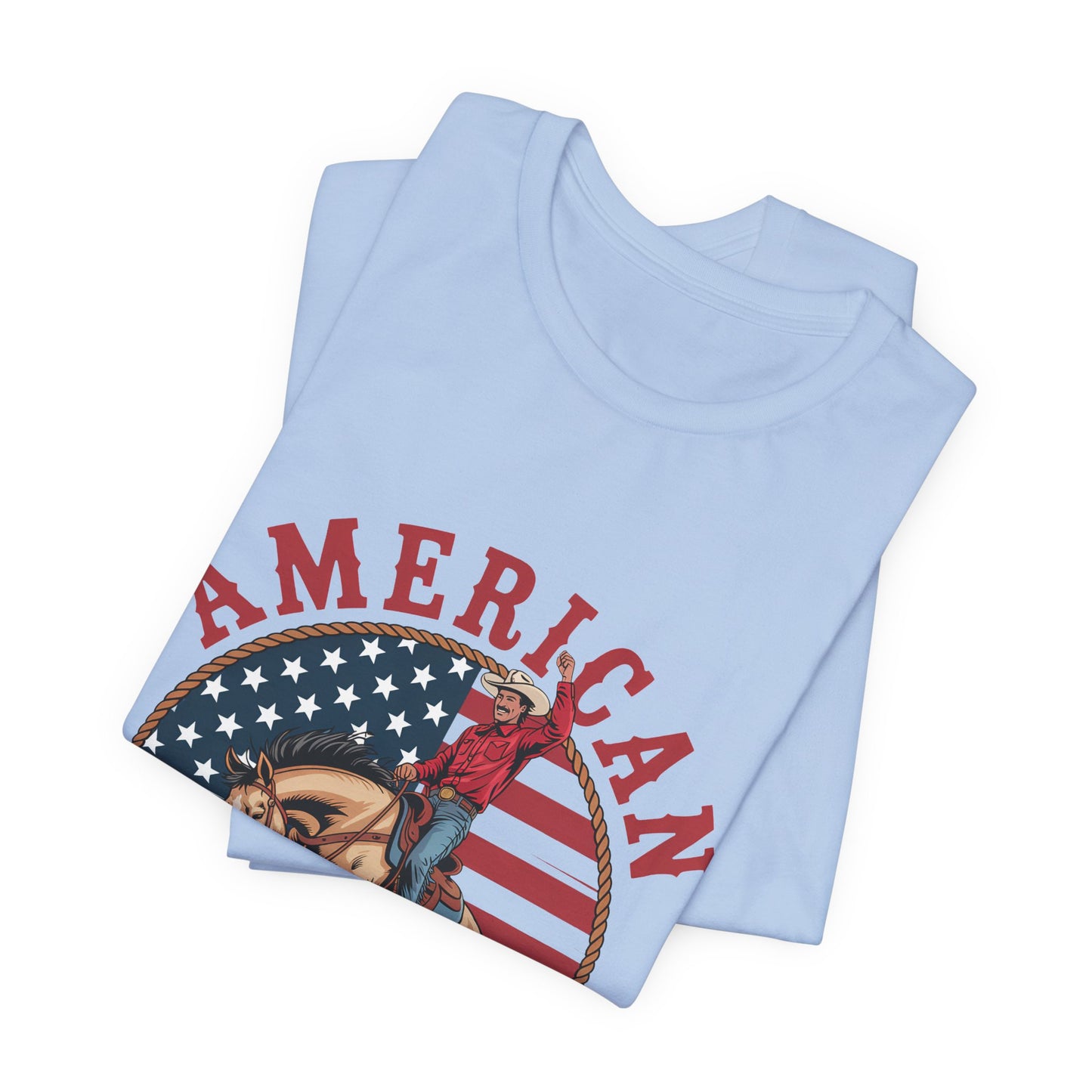 American Cowboy T-Shirt – patriotic rodeo tee with flag and rider