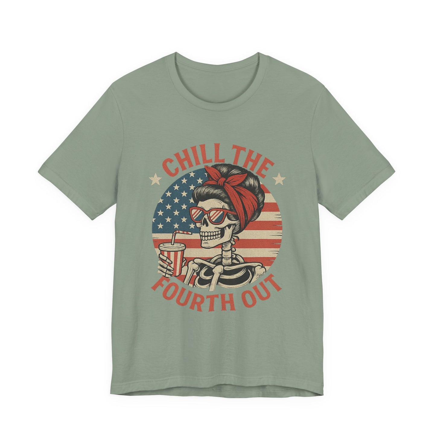 Chill the Fourth Out Tee – Retro Skull with American Flag & Drink | 4th of July Patriotic Shirt