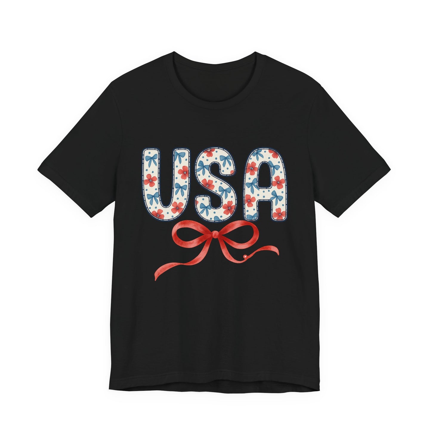 USA Floral Graphic Tee with Ribbon – 4th of July Patriotic Shirt