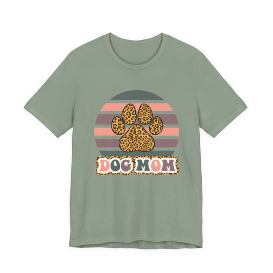 Dog Mom Leopard Paw Tee — Retro Striped Pet Lover T‑Shirt