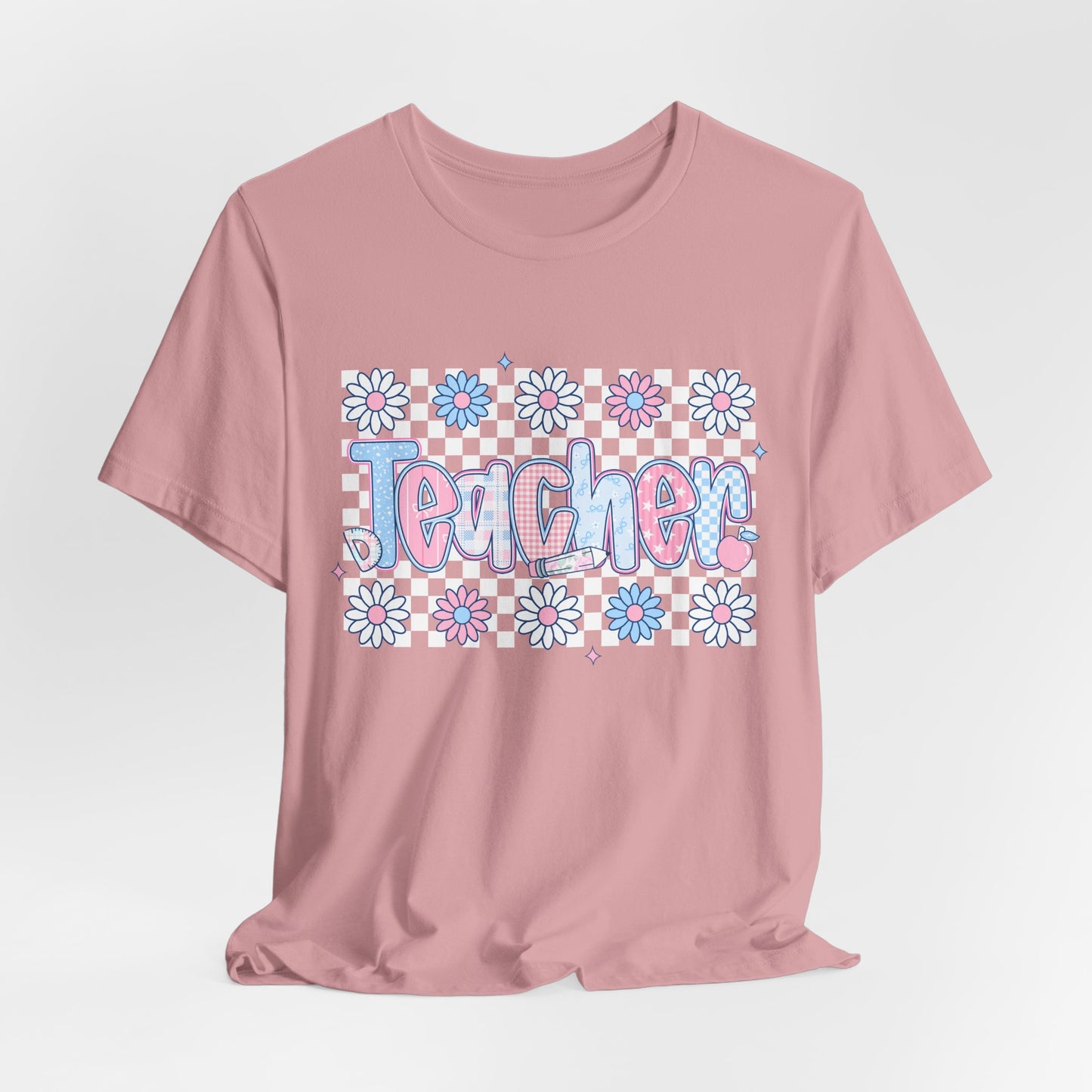 Teacher Daisy Graphic Tee – Cute Pink & Blue Floral Classroom Shirt
