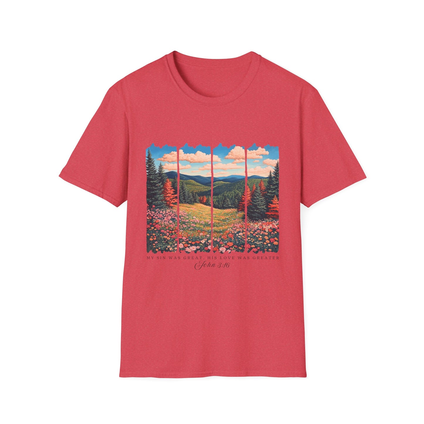Scenic Meadow Sunrise T-Shirt — Vintage Window Pane Mountain Landscape Tee