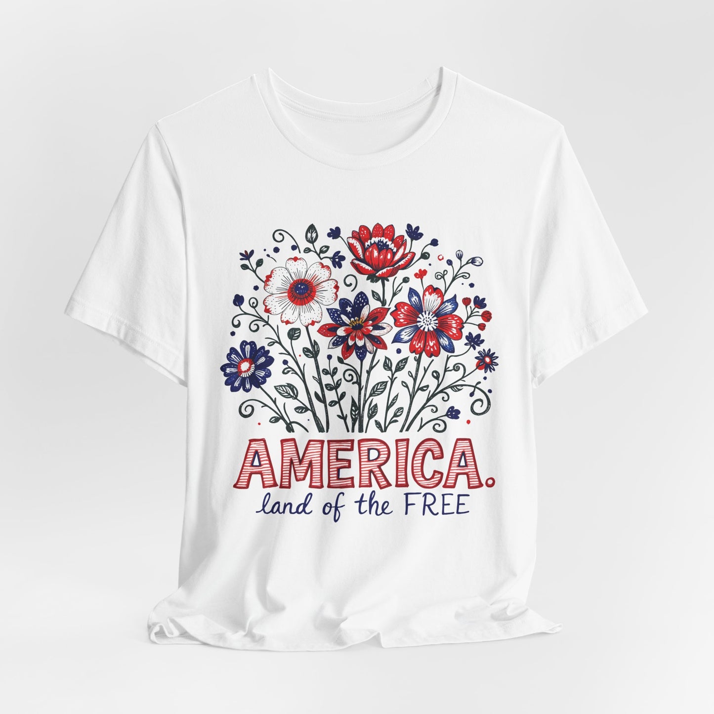 Patriotic Floral Tee — "America, Land of the Free"