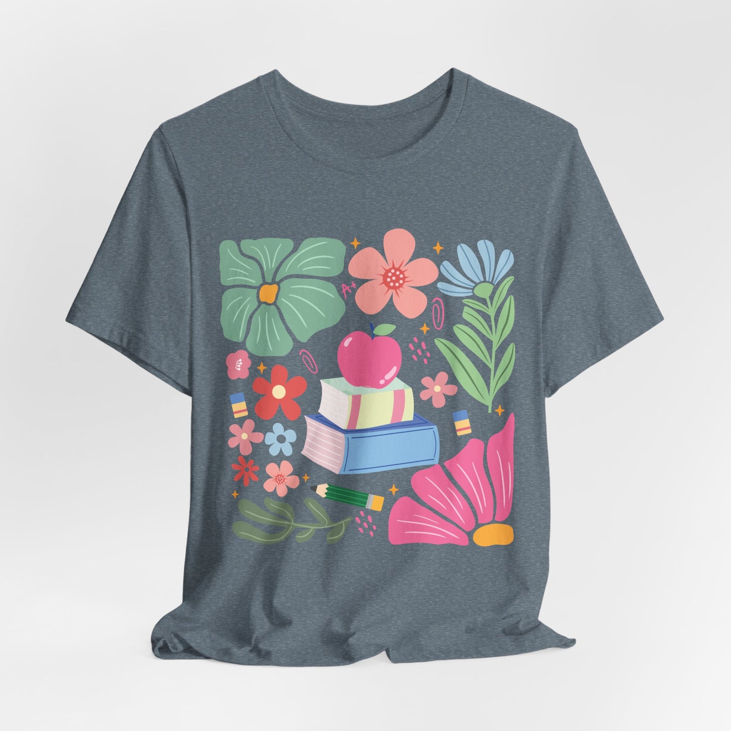 Floral Books & Apple Tee — Cute Spring Reading T-Shirt