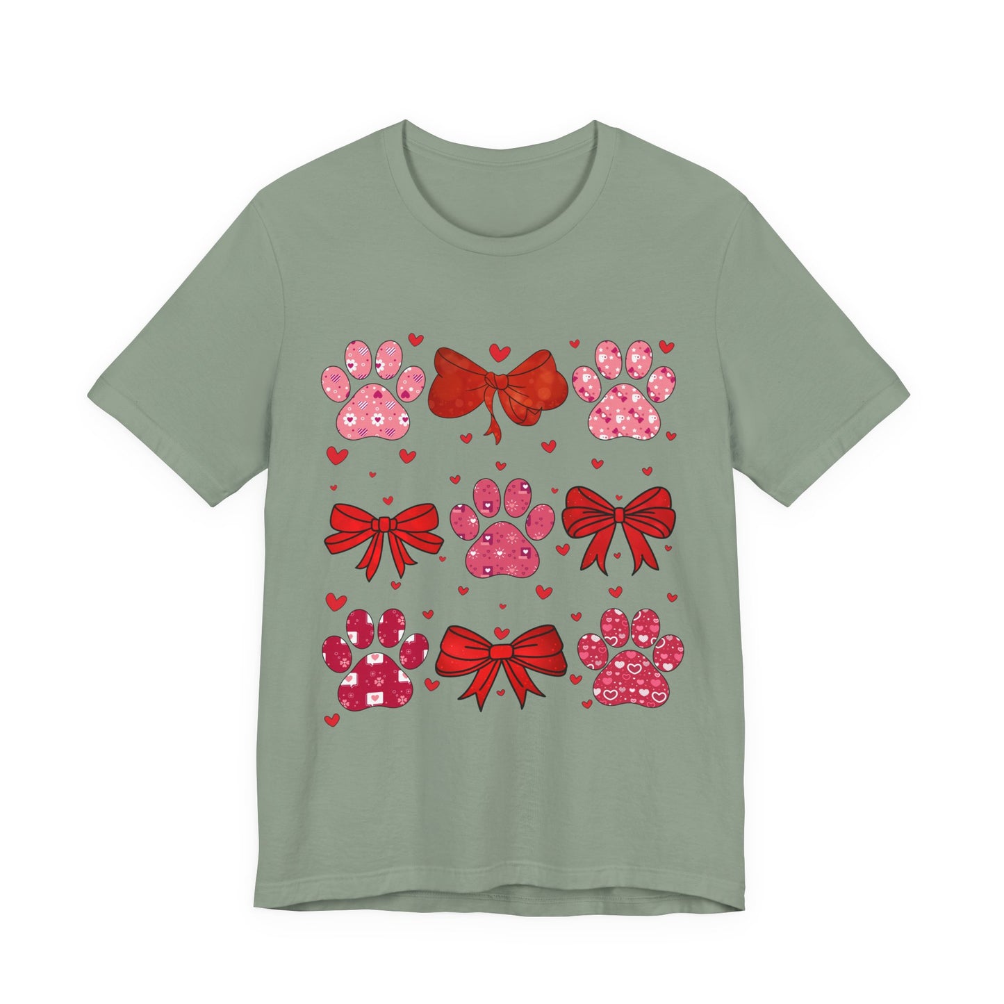 Valentine Paw Prints T‑Shirt — Cute Red Bows & Hearts Pet Lover Tee