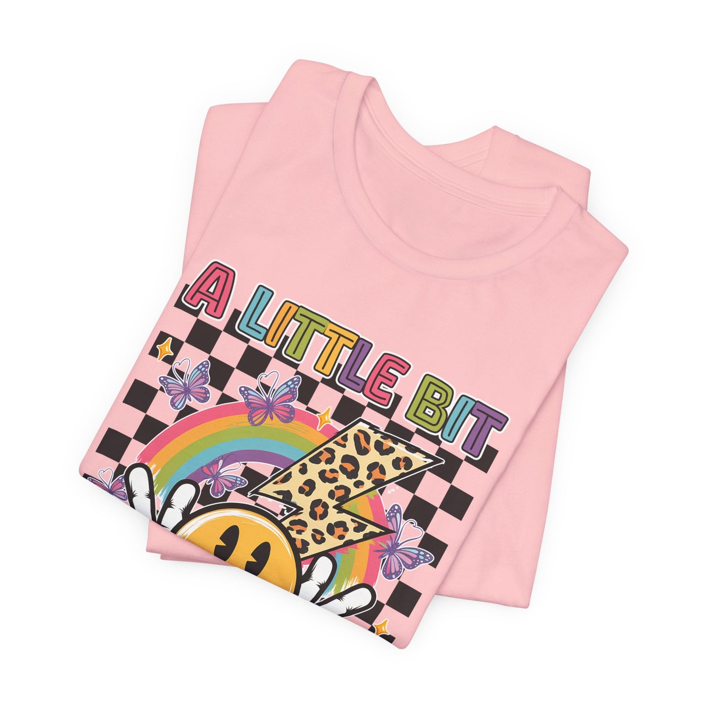 A Little Bit Dramatic Graphic Tee — Smiley Rainbow Checkerboard T-Shirt