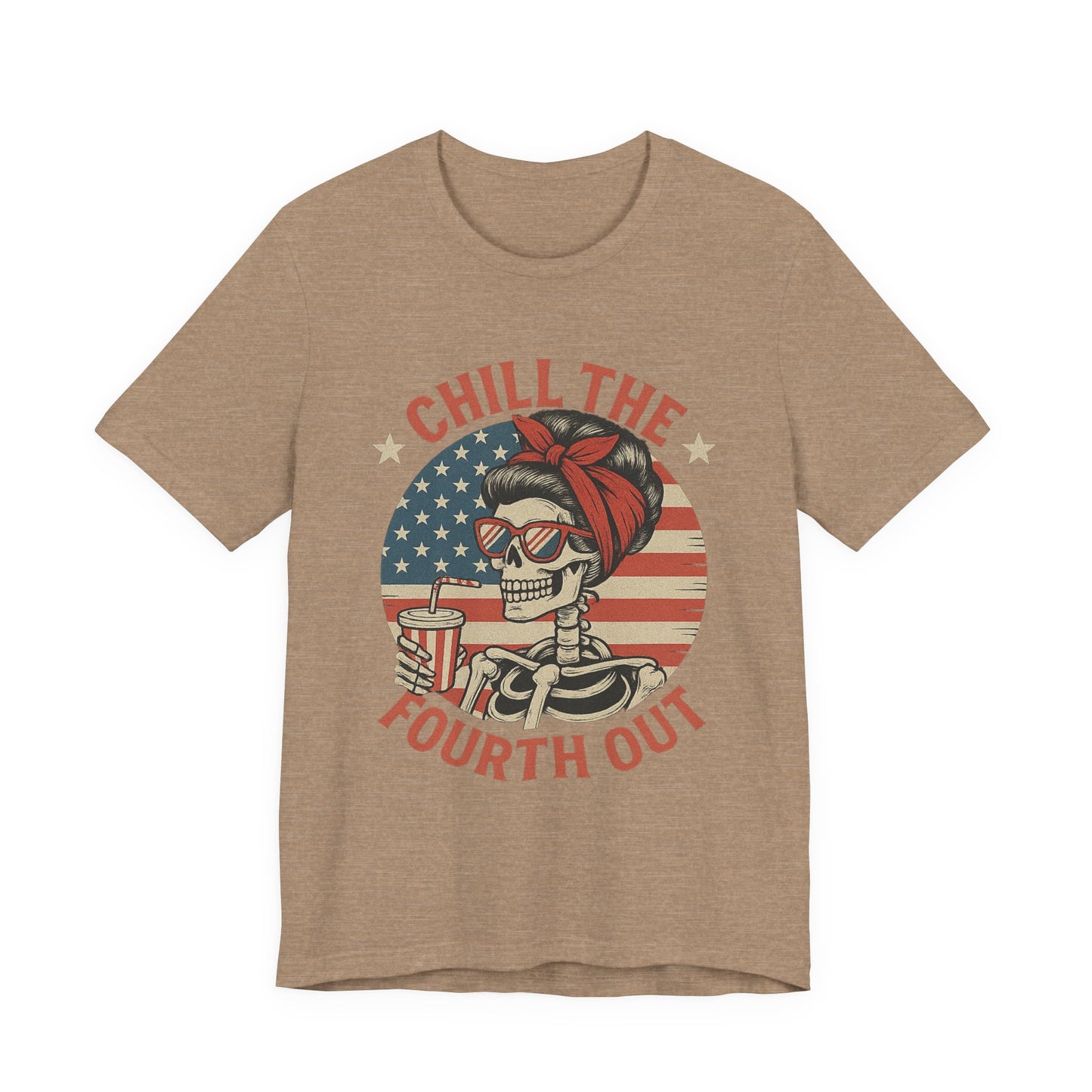 Chill the Fourth Out Tee – Retro Skull with American Flag & Drink | 4th of July Patriotic Shirt