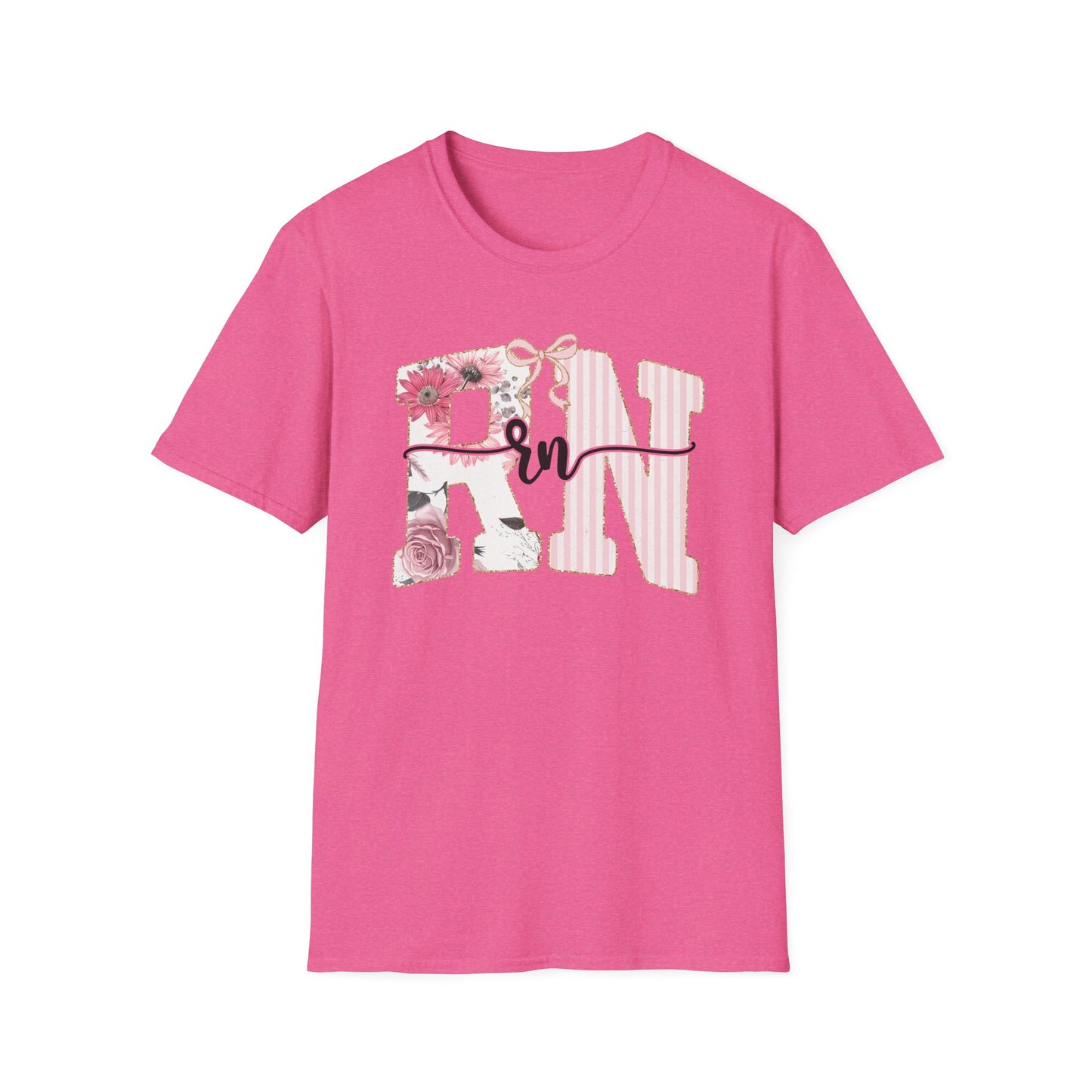 T-Shirt — RN Floral Script Design (Pink Stripes & Roses)