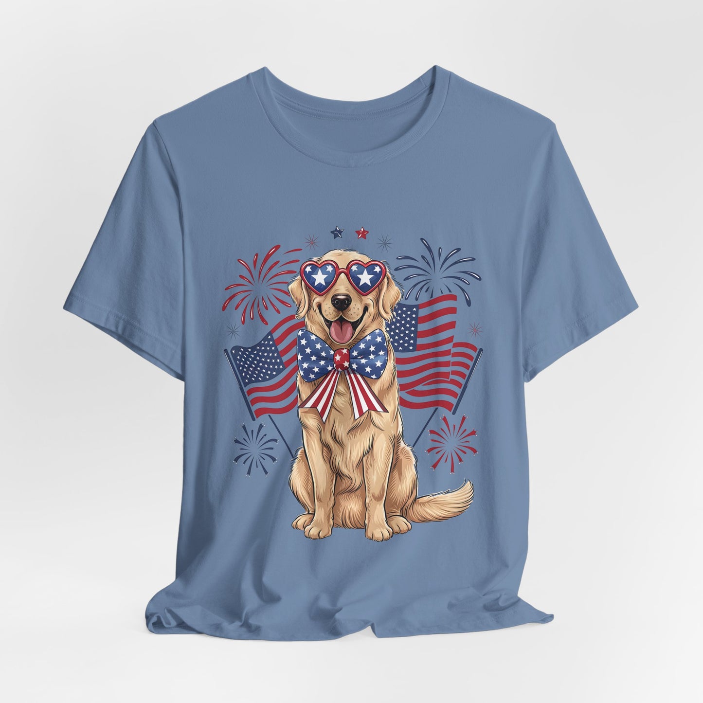 Patriotic Golden Retriever T‑Shirt — USA Flag Dog with Fireworks