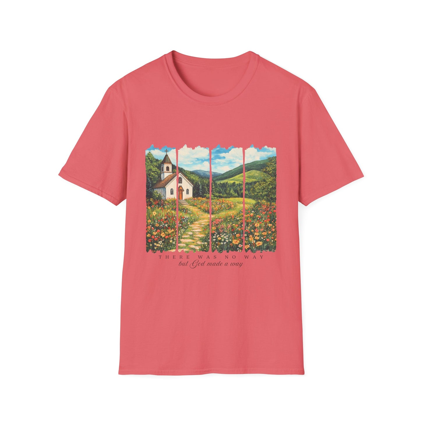 Scenic Chapel Landscape T-Shirt — Countryside Floral Mountain Art Tee