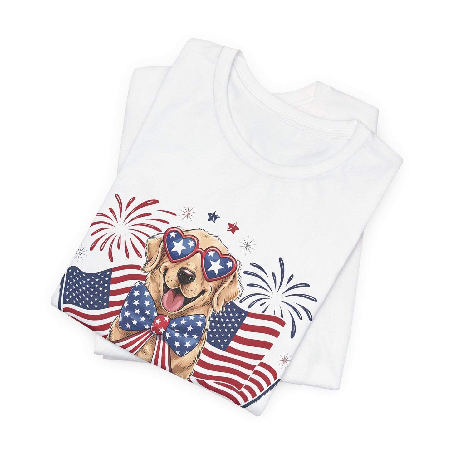 Patriotic Golden Retriever T‑Shirt — USA Flag Dog with Fireworks