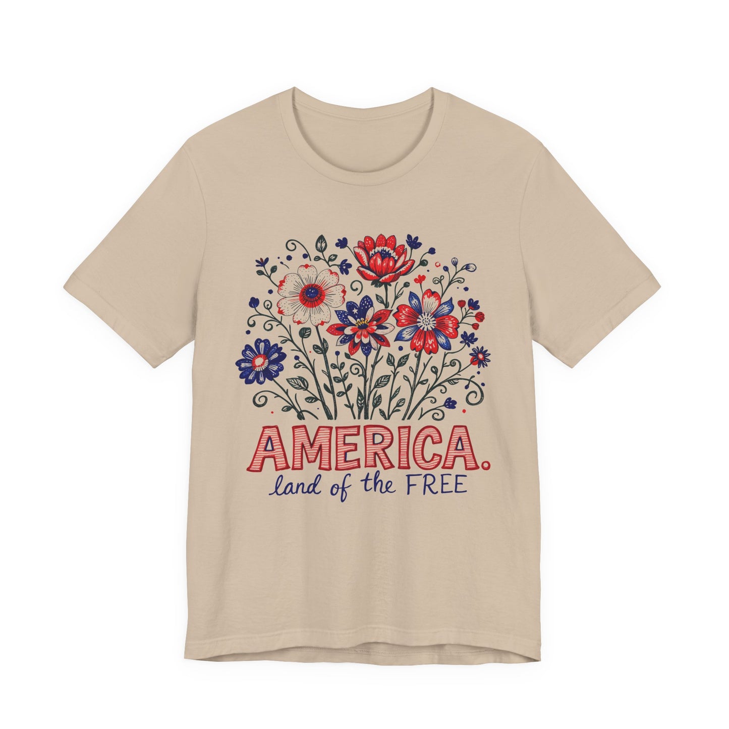 Patriotic Floral Tee — "America, Land of the Free"