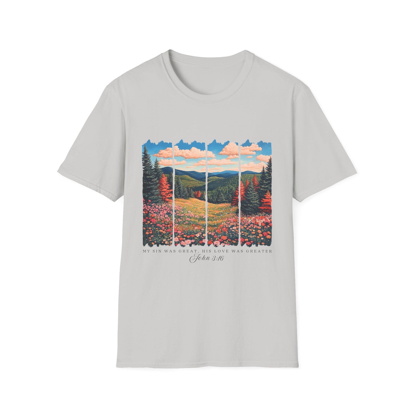 Scenic Meadow Sunrise T-Shirt — Vintage Window Pane Mountain Landscape Tee