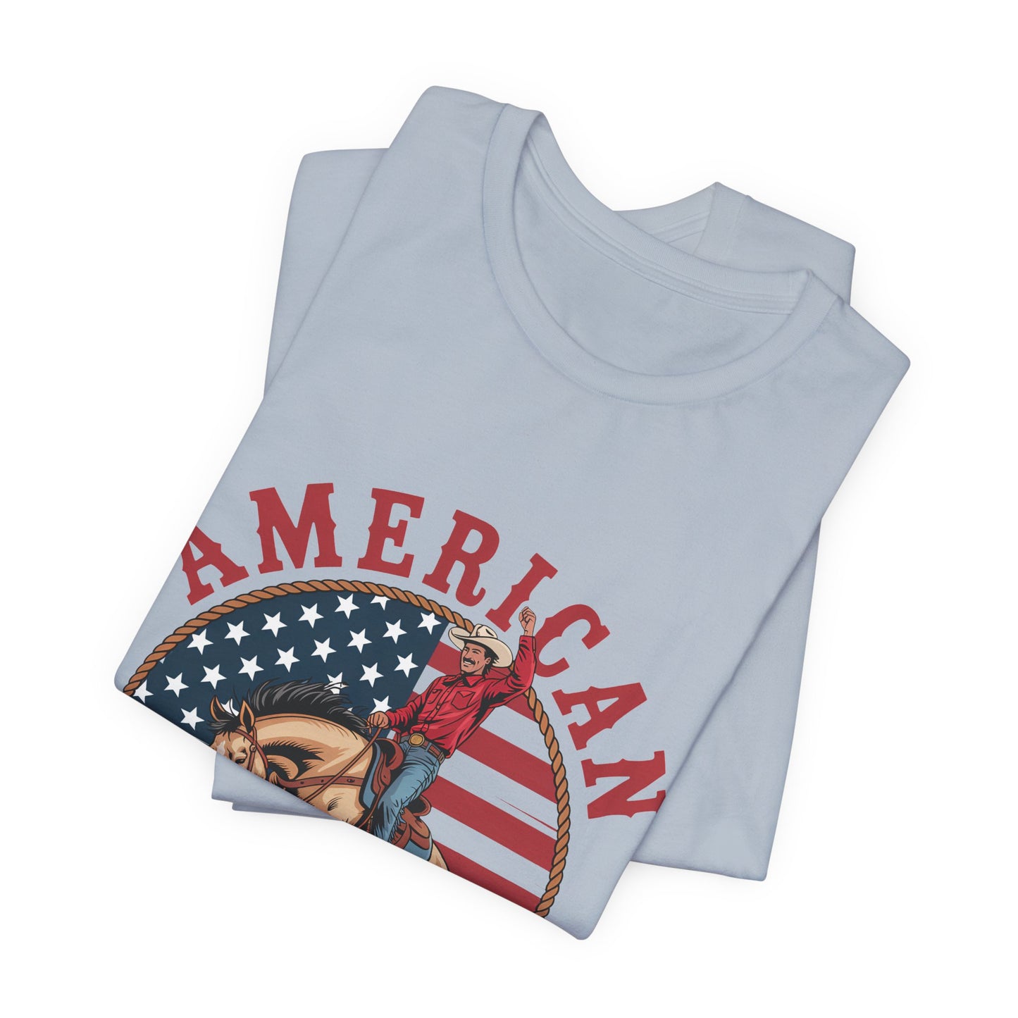 American Cowboy T-Shirt – patriotic rodeo tee with flag and rider