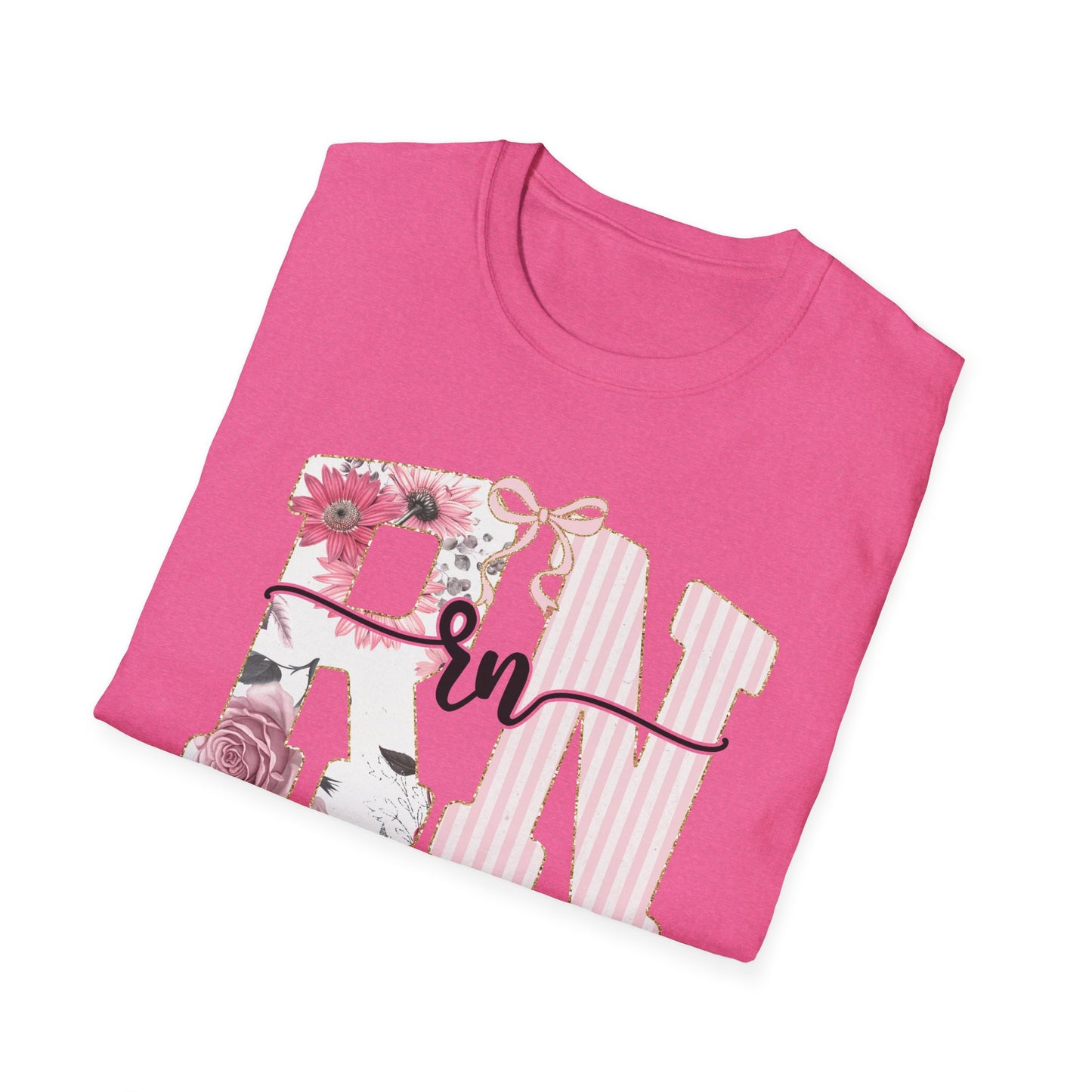 T-Shirt — RN Floral Script Design (Pink Stripes & Roses)