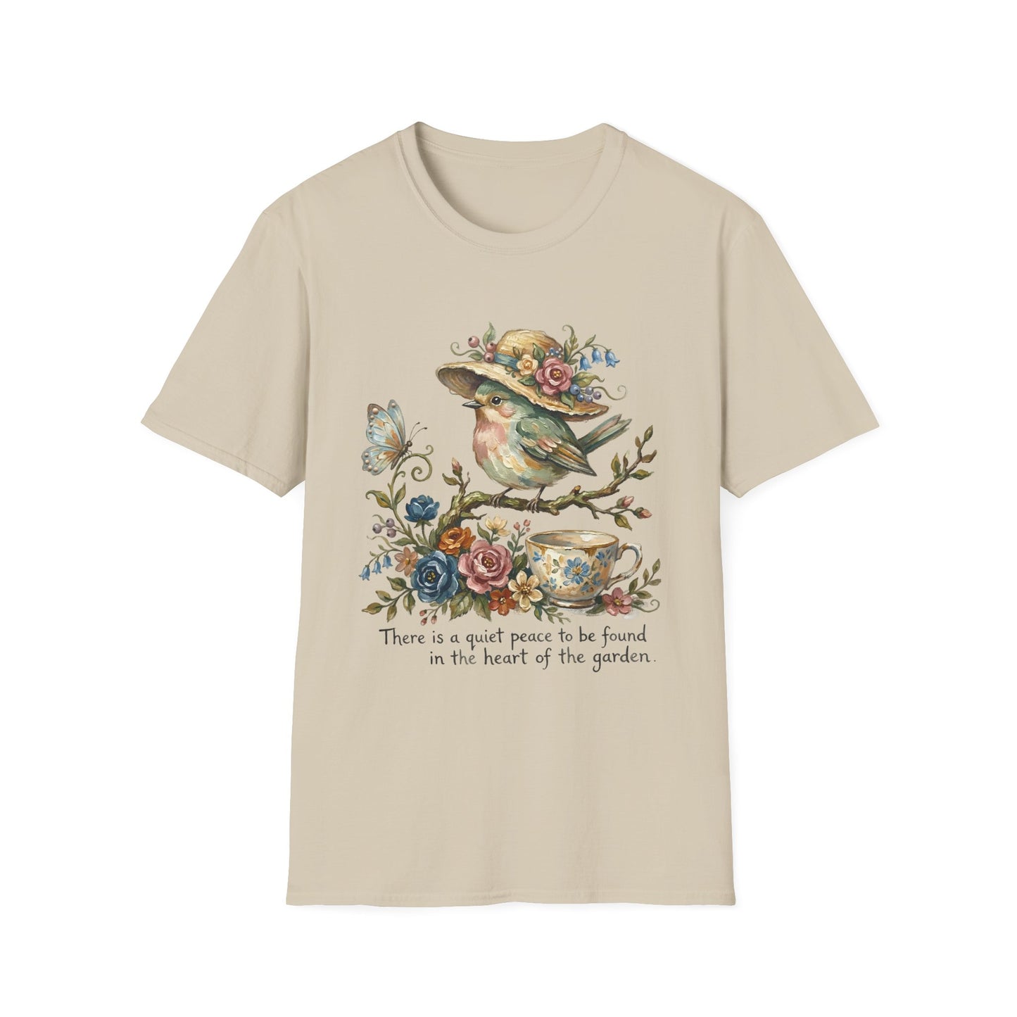 Garden Bird Tee — "There is a quiet peace to be found in the heart of the garden" Floral Bird T-Shirt