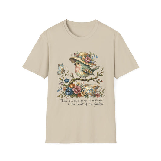 Garden Bird Tee — "There is a quiet peace to be found in the heart of the garden" Floral Bird T-Shirt