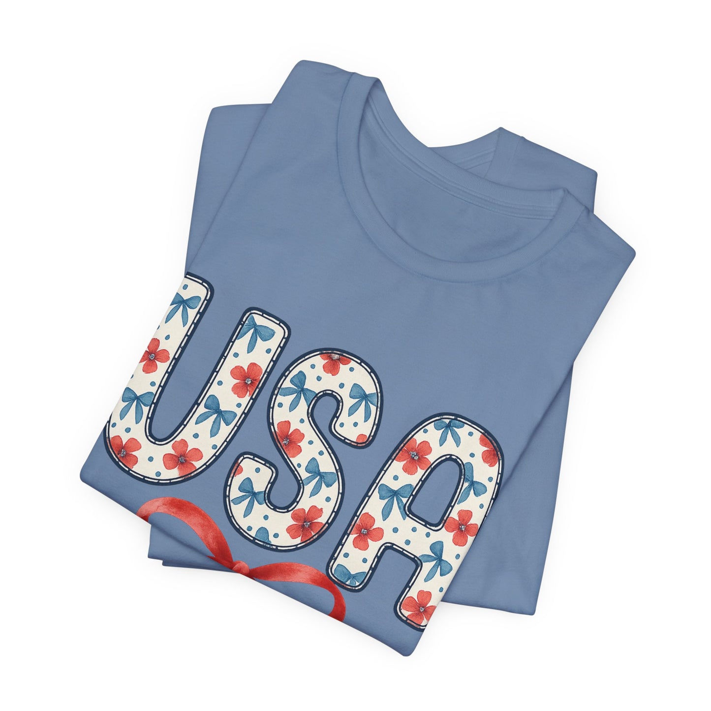 USA Floral Graphic Tee with Ribbon – 4th of July Patriotic Shirt