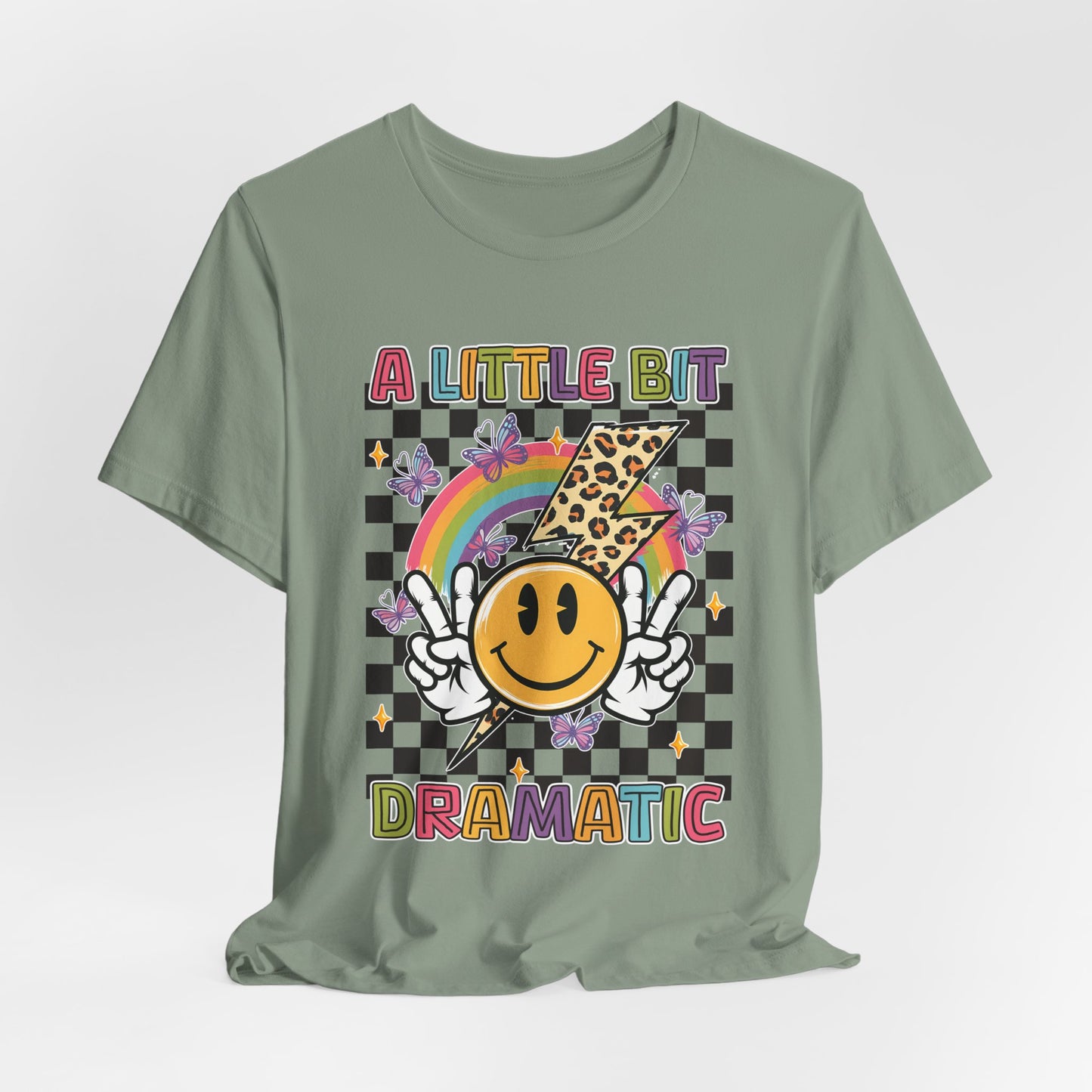 A Little Bit Dramatic Graphic Tee — Smiley Rainbow Checkerboard T-Shirt